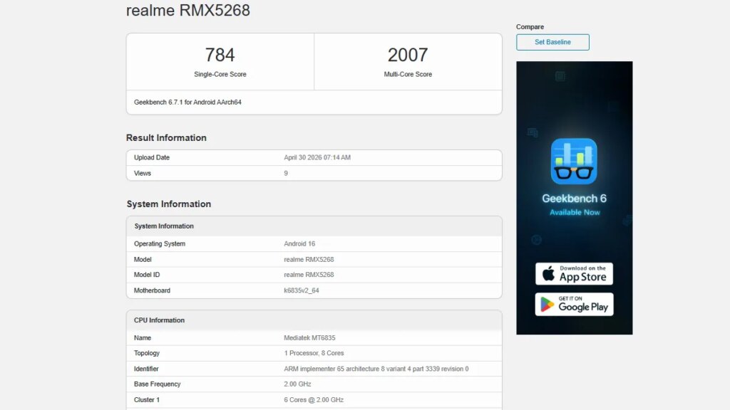Realme 16T Muncul Di Geekbench, Dimensity 6300 Dan RAM 8GB Mengisyaratkan Ponsel Menengah Baru