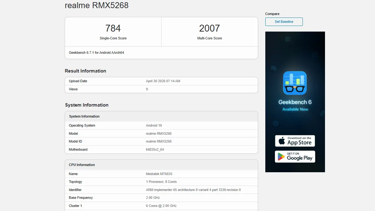 Realme 16T Muncul Di Geekbench, Dimensity 6300 Dan RAM 8GB Mengisyaratkan Ponsel Menengah Baru